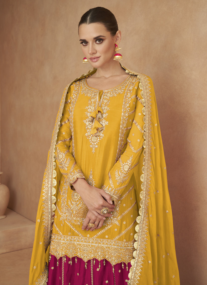 Golden Yellow Chinnon Designer Lehenga Suit