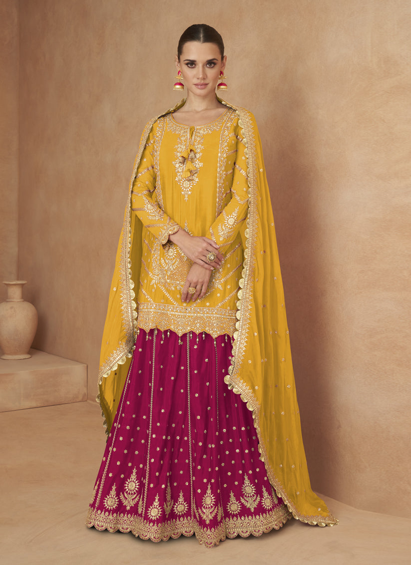 Golden Yellow Chinnon Designer Lehenga Suit