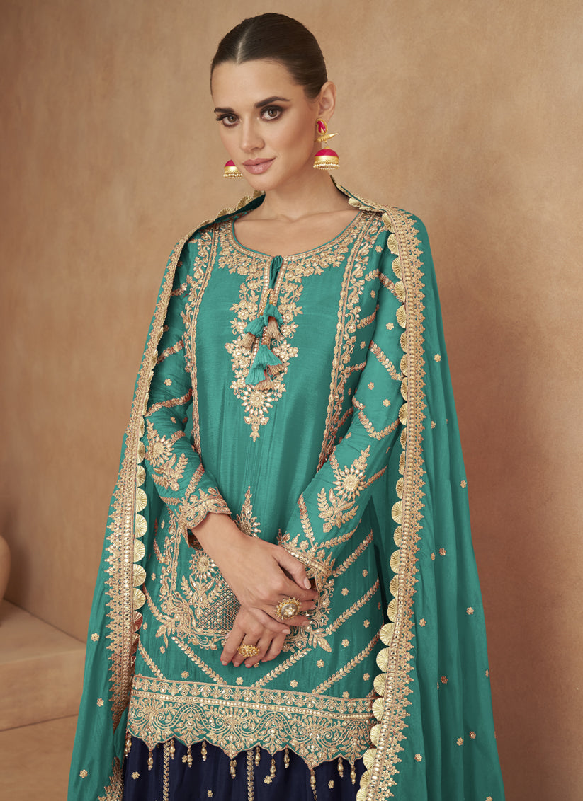 Turquoise Chinnon Designer Lehenga Suit