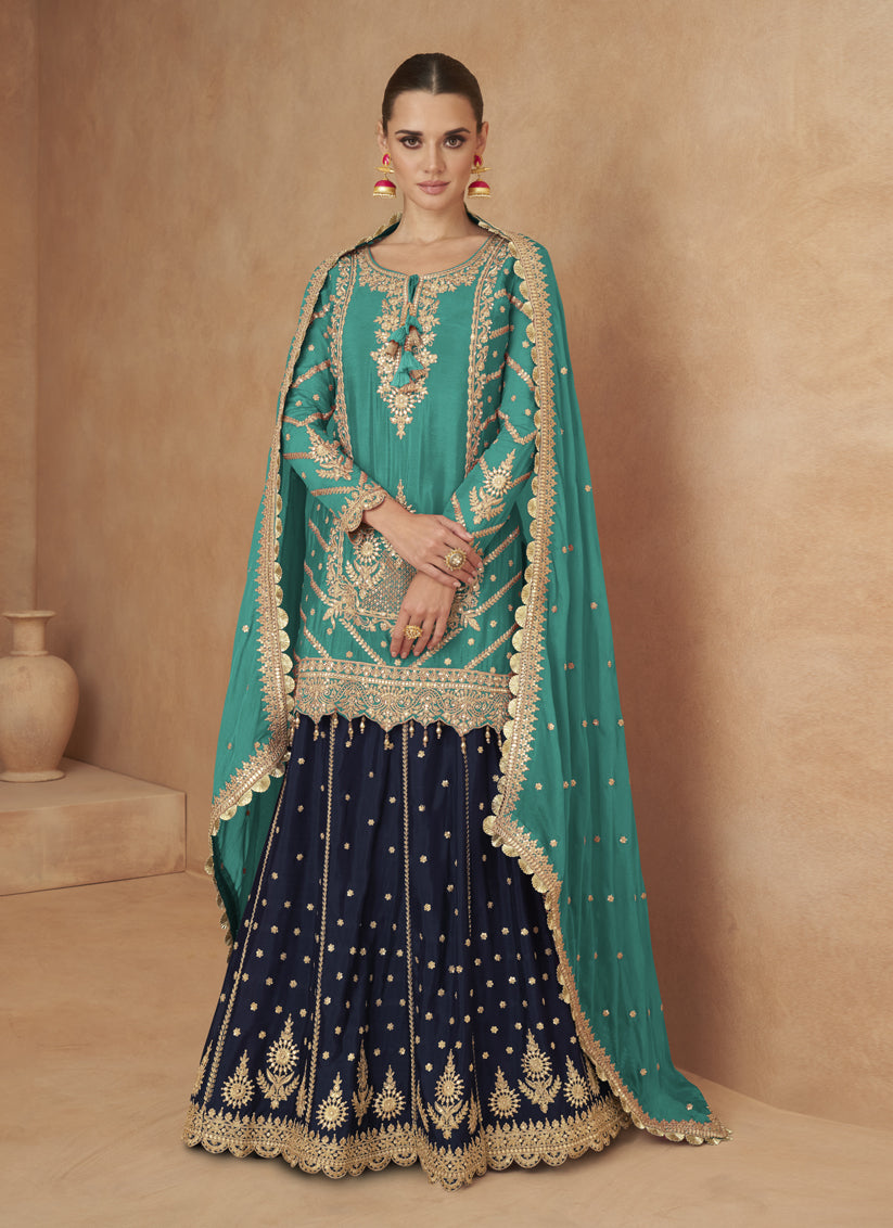 Turquoise Chinnon Designer Lehenga Suit