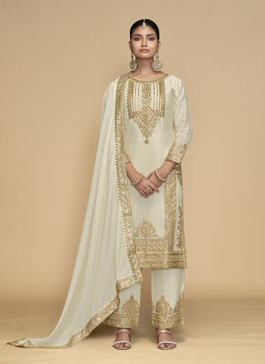 Off White Chinnon Embroidered Pant Kameez