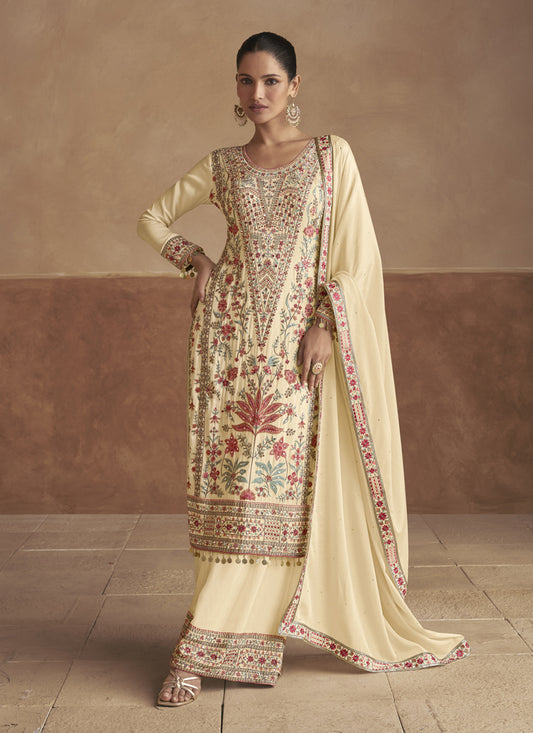 Cream Chinnon Resham Embroidered Palazzo Kameez