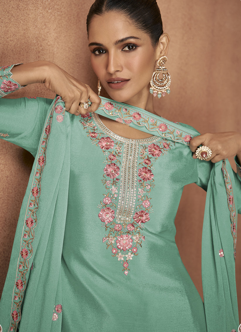 Mint Green Chinnon Embroidered Designer Palazzo Kameez