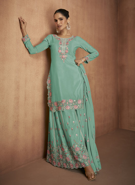 Mint Green Chinnon Embroidered Designer Palazzo Kameez