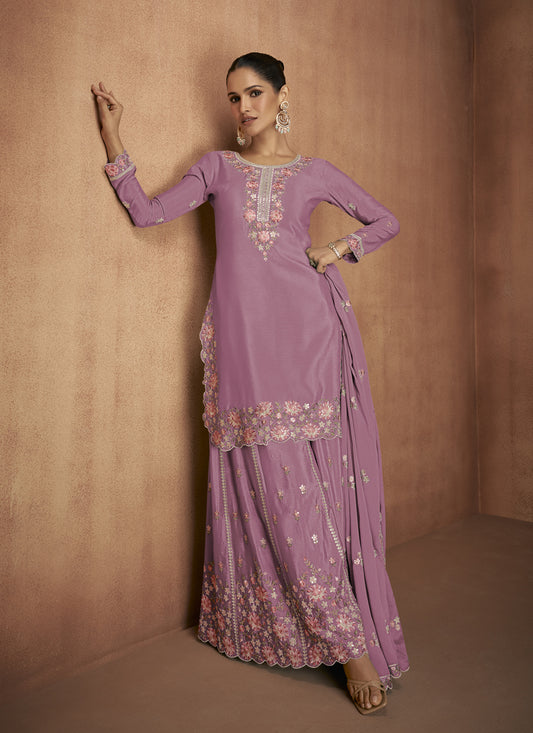 Puce Pink Chinnon Embroidered Designer Palazzo Kameez