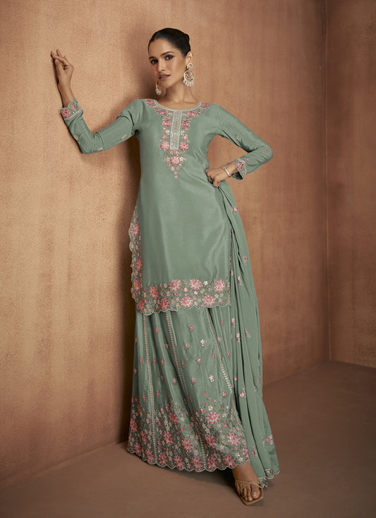 Sage Green Chinnon Embroidered Designer Palazzo Kameez