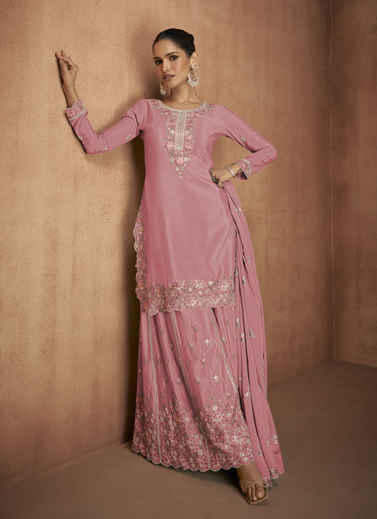 Coral Pink Chinnon Embroidered Designer Palazzo Kameez