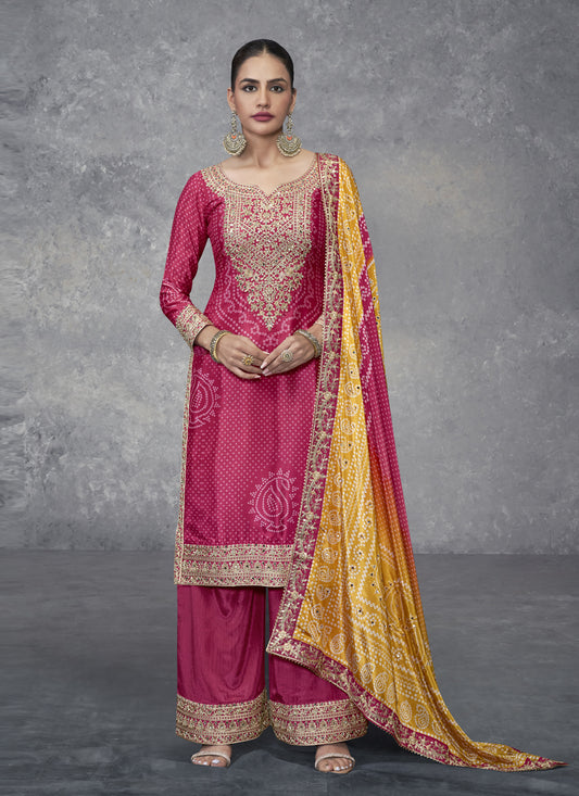 Gajari Pink Chinnon Embroidered Designer Palazzo Kameez