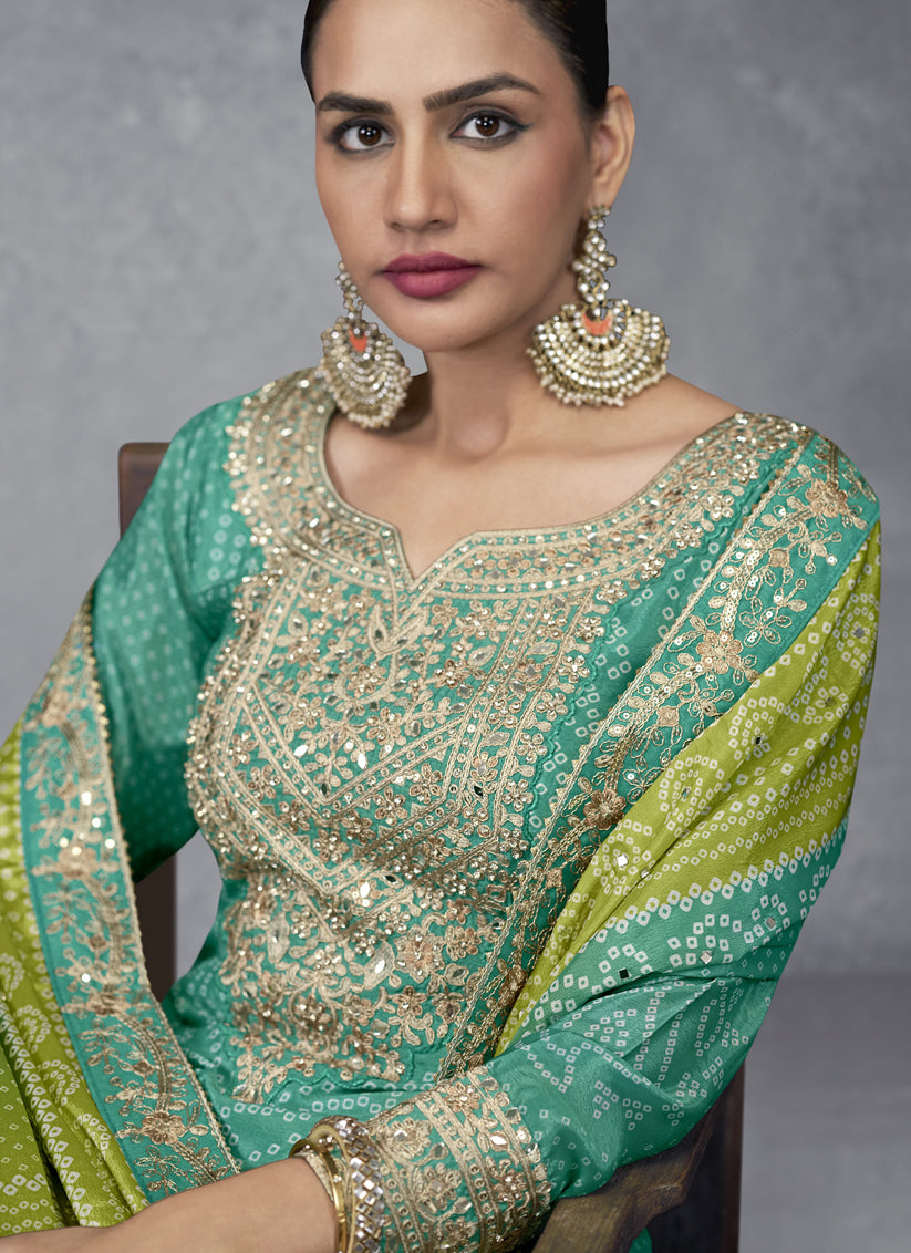 Rama Green Chinnon Embroidered Designer Palazzo Kameez