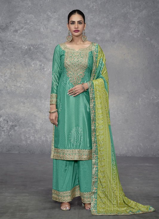 Rama Green Chinnon Embroidered Designer Palazzo Kameez