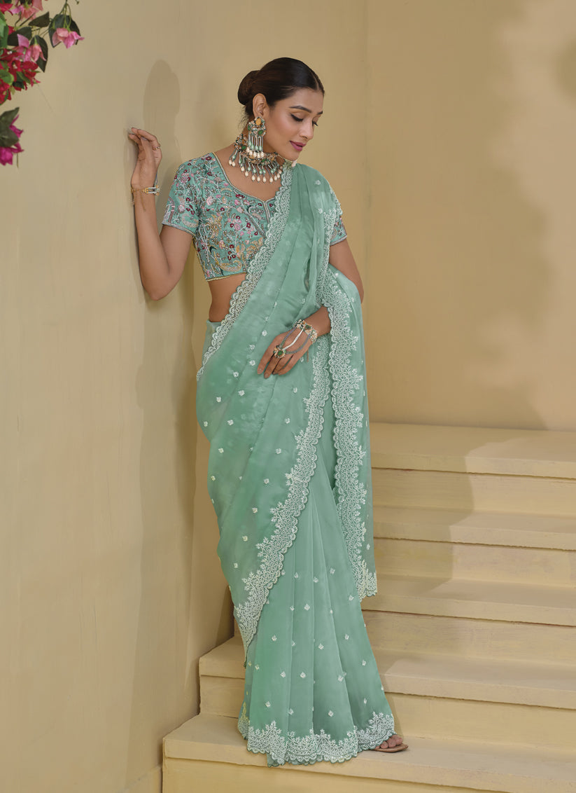 Mint Green Pure Banarasi Tuscany Designer Wedding Saree