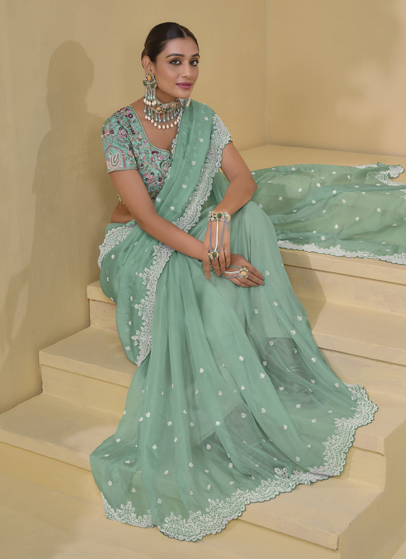 Mint Green Pure Banarasi Tuscany Designer Wedding Saree