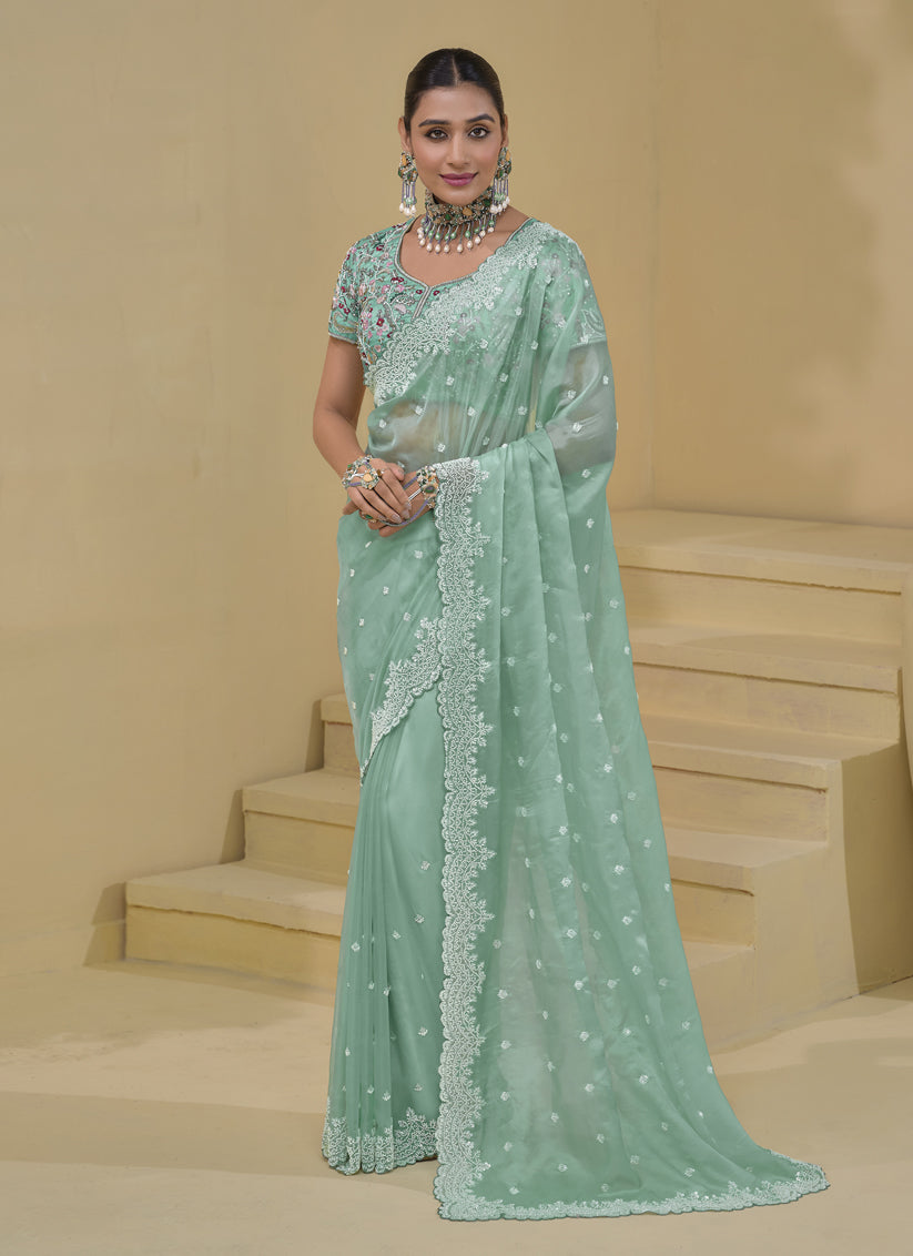 Mint Green Pure Banarasi Tuscany Designer Wedding Saree