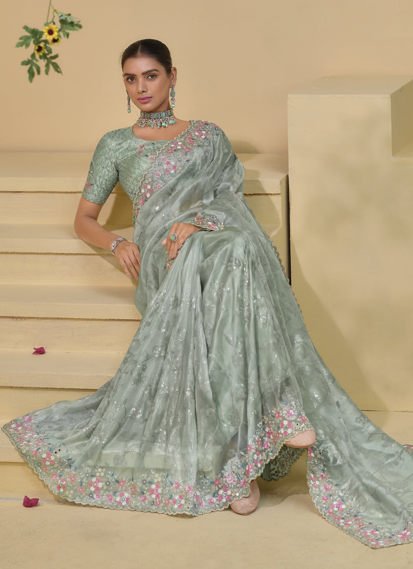 Mint Grey Embroidered Designer Pure Silk Saree