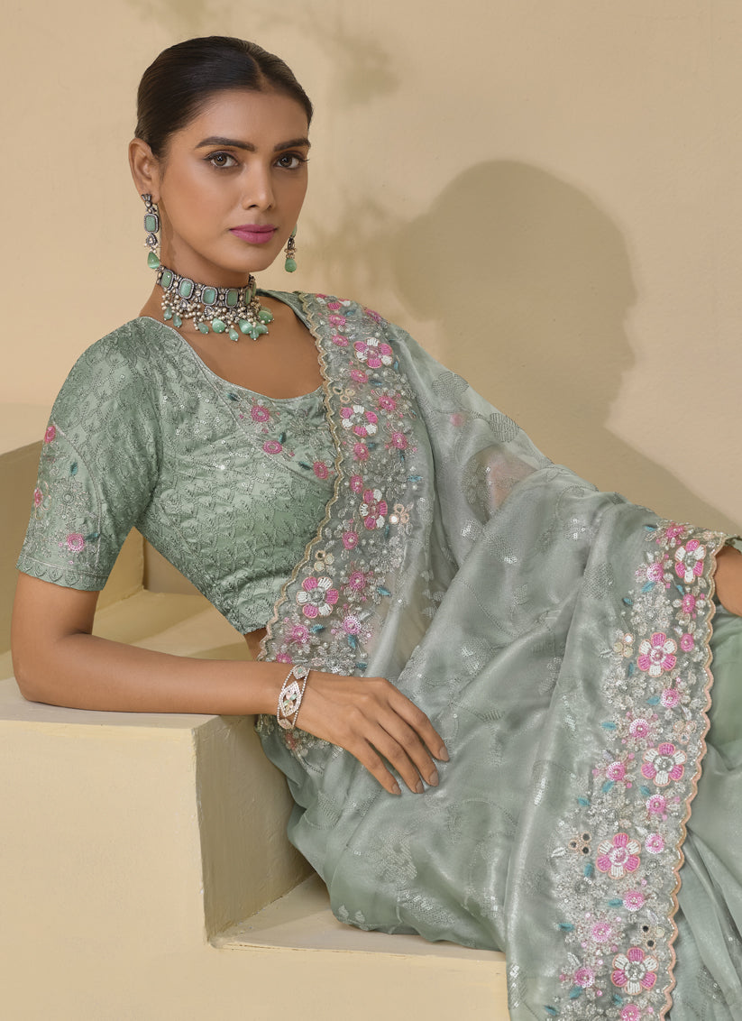 Mint Grey Embroidered Designer Pure Silk Saree