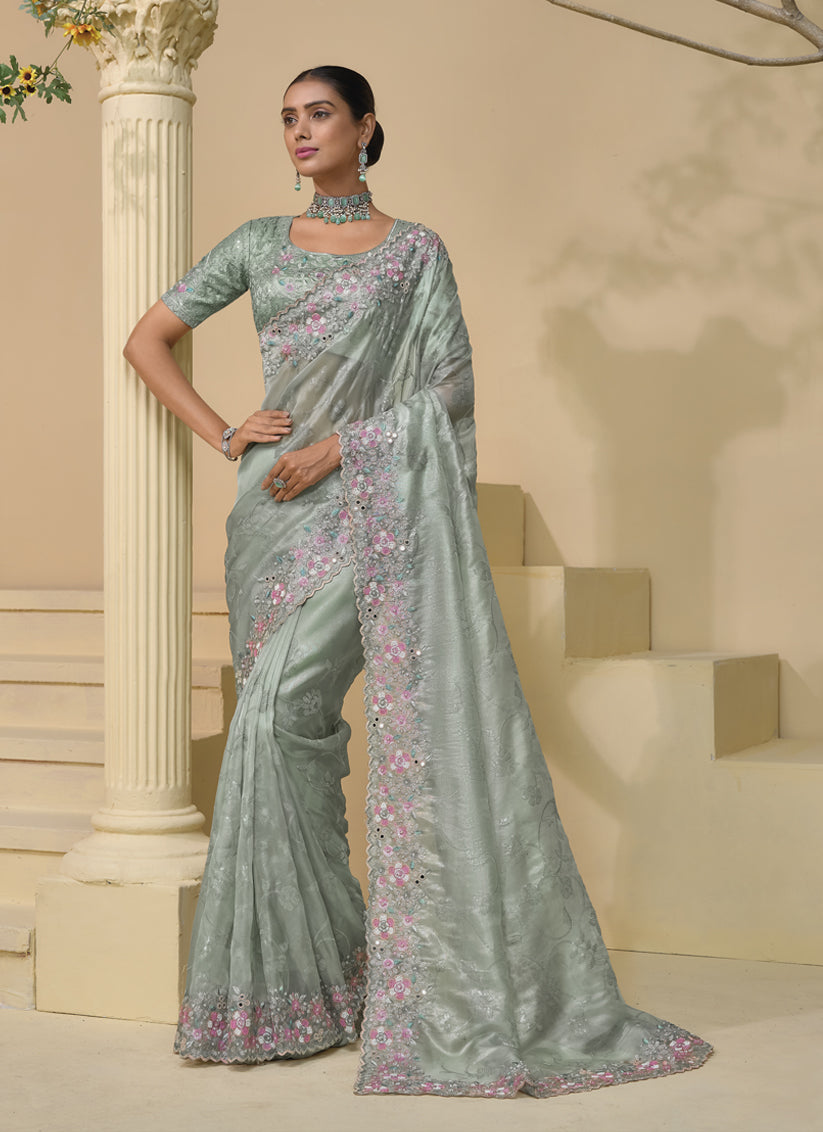 Mint Grey Embroidered Designer Pure Silk Saree