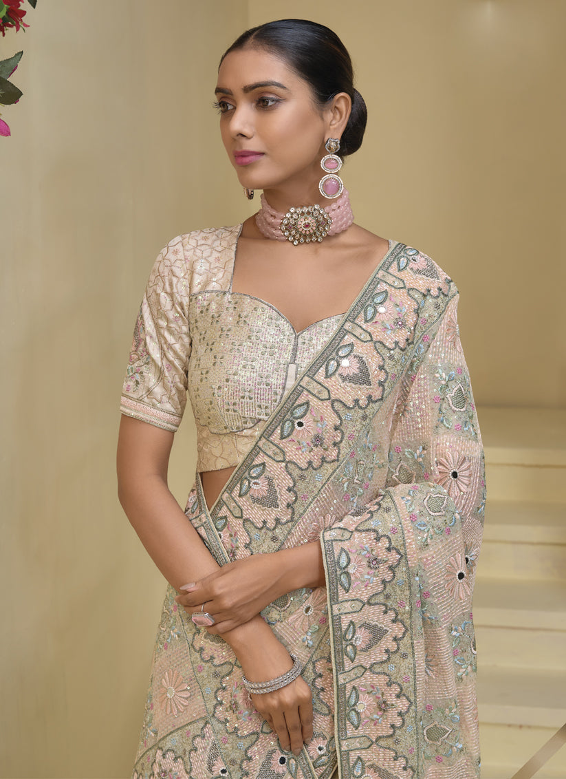 Cream Pure Banarasi Tuscany Designer Wedding Saree