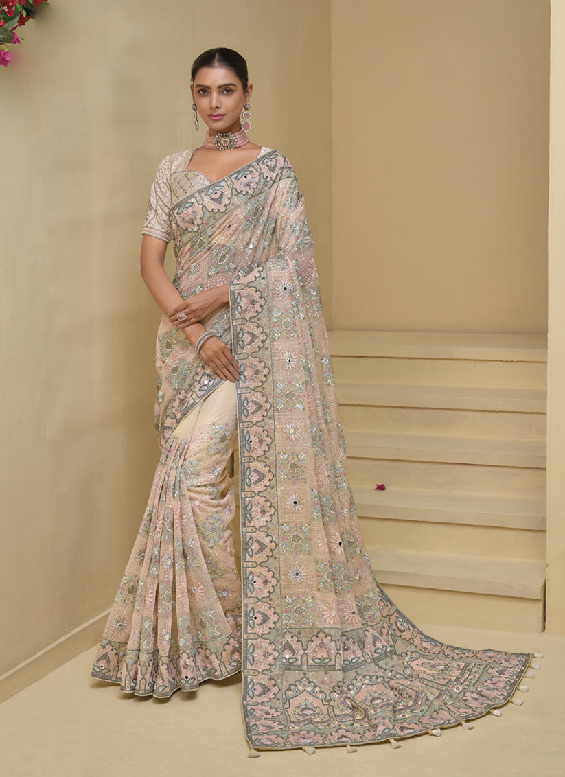 Cream Pure Banarasi Tuscany Designer Wedding Saree