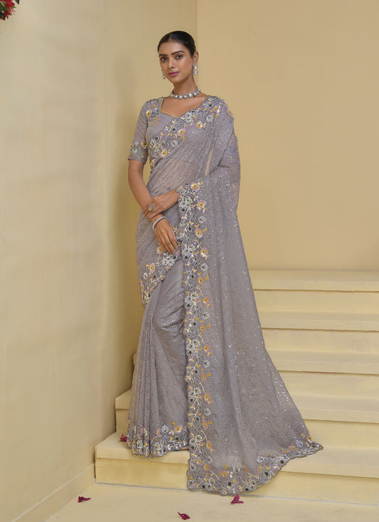 Grey Pure Banarasi Tuscany Designer Wedding Saree