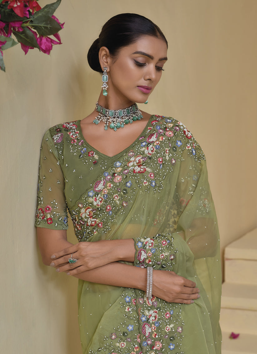 Pistachio Green Pure Banarasi Tuscany Designer Wedding Saree