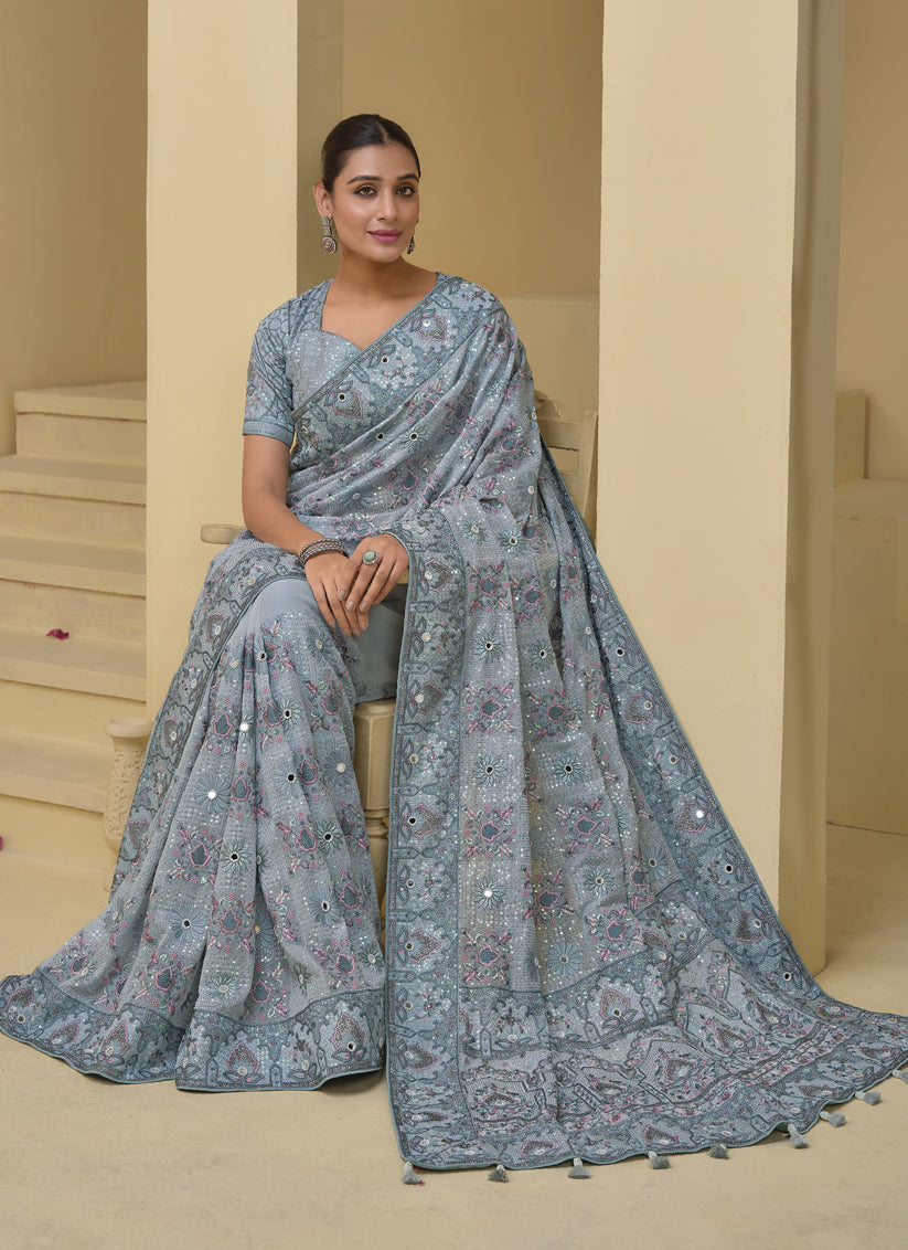 Livid Grey Pure Banarasi Tuscany Designer Wedding Saree