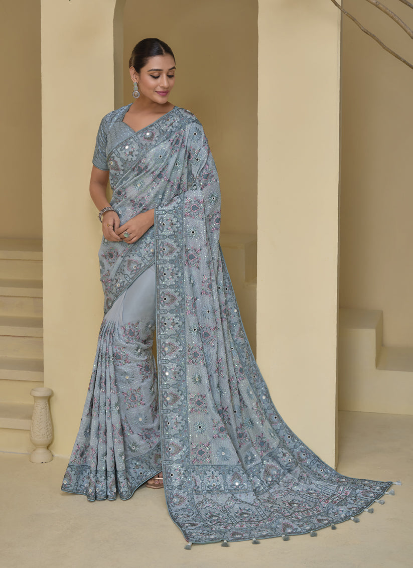 Livid Grey Pure Banarasi Tuscany Designer Wedding Saree