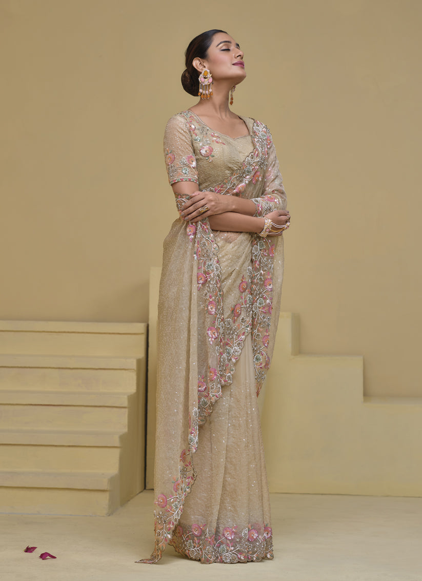 Beige Pure Banarasi Tuscany Designer Wedding Saree