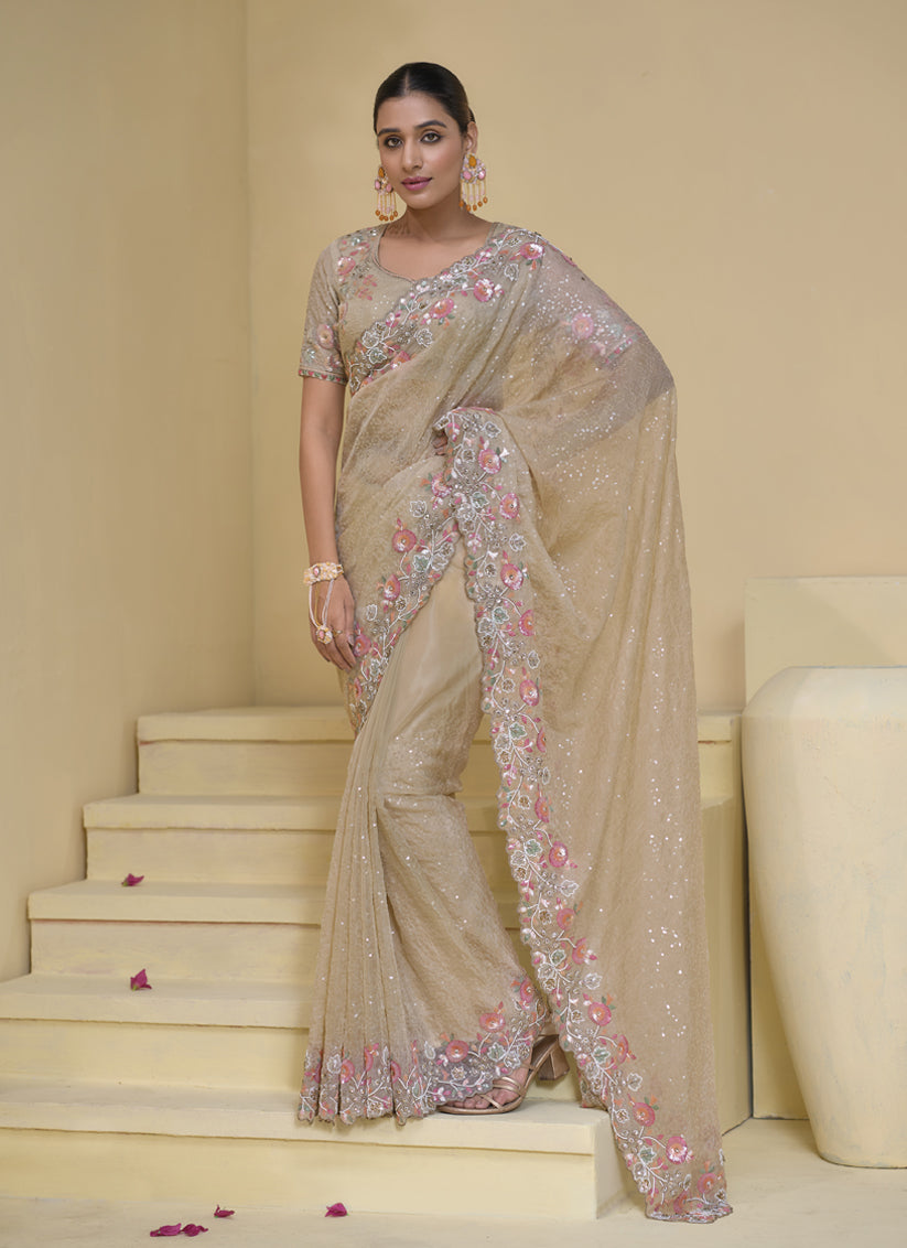 Beige Pure Banarasi Tuscany Designer Wedding Saree