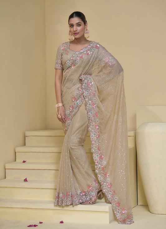 Beige Pure Banarasi Tuscany Designer Wedding Saree