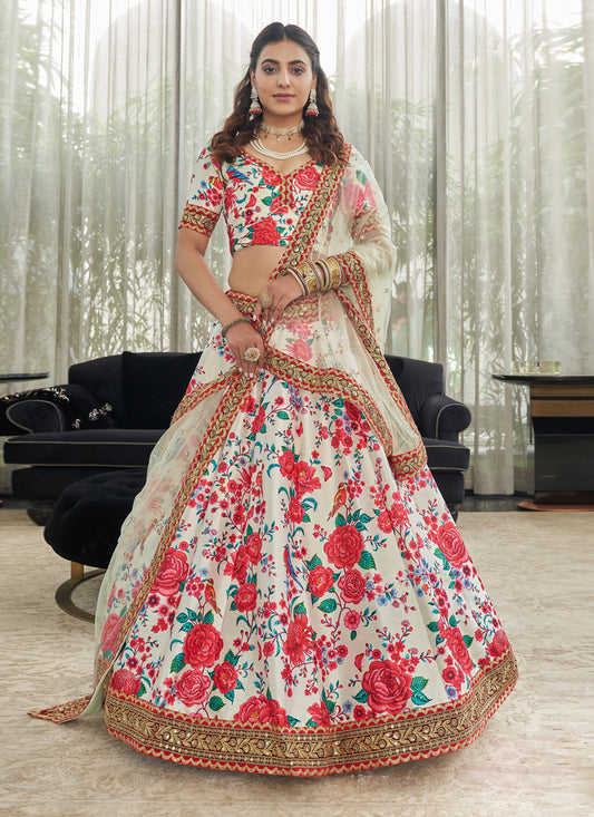 White Art Silk Floral Print Lehenga Choli