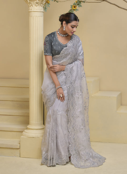 Pearl Grey Embroidered Designer Pure Silk Saree