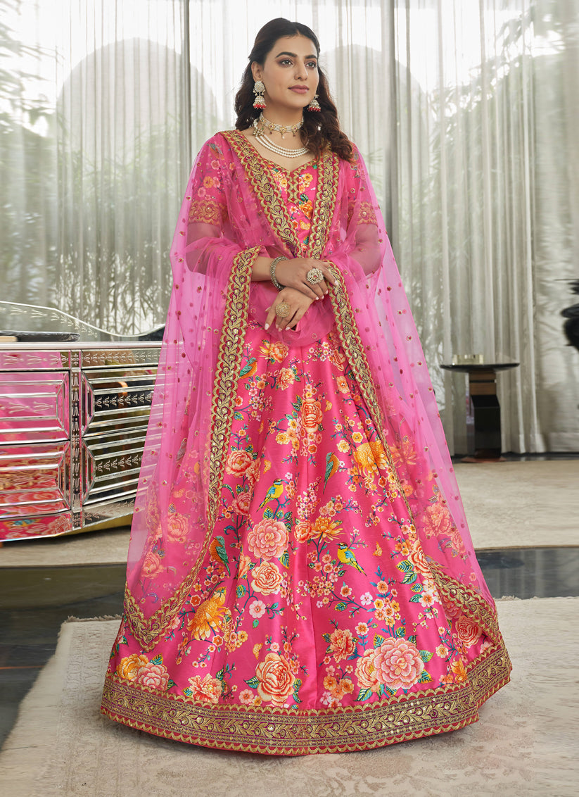 Rani Pink Art Silk Floral Print Lehenga Choli