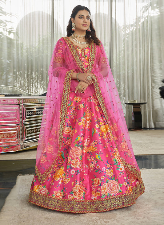 Rani Pink Art Silk Floral Print Lehenga Choli