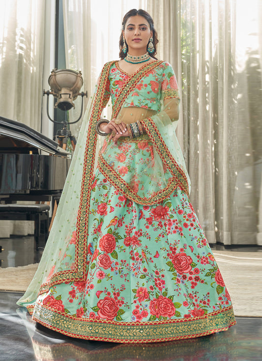 Ice Mint Art Silk Floral Print Lehenga Choli