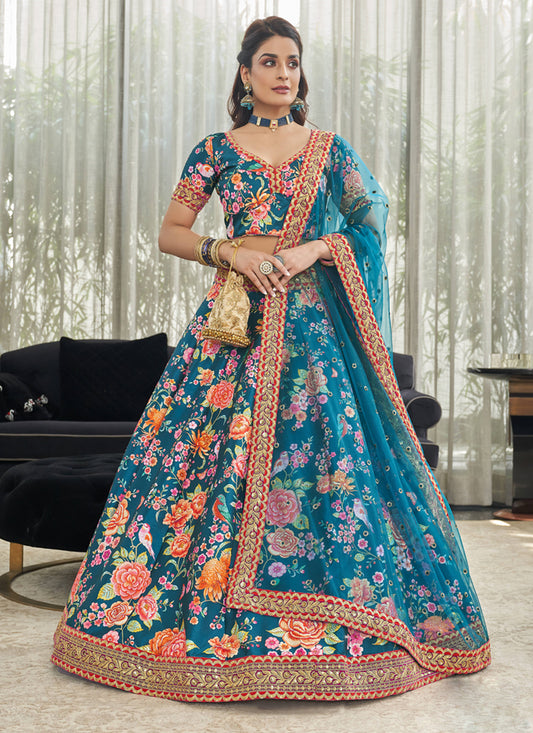 Peacock Blue Art Silk Floral Print Lehenga Choli