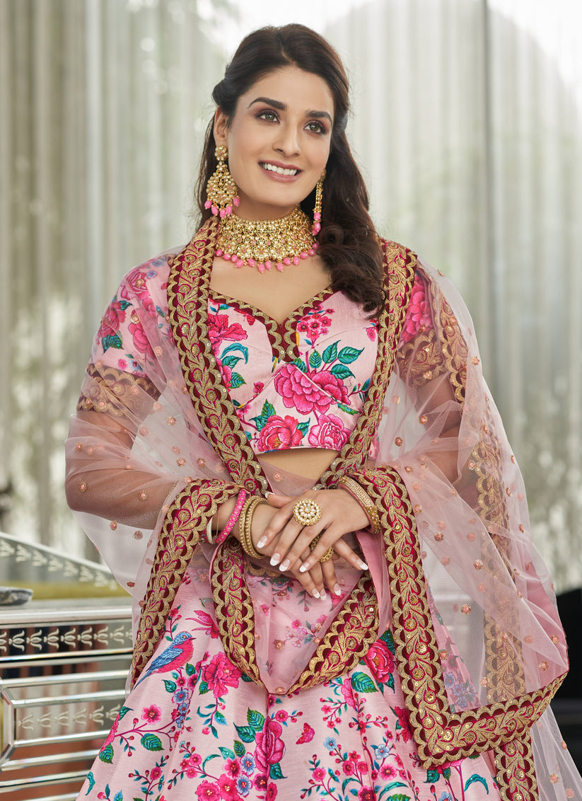 Baby Pink Art Silk Floral Print Lehenga Choli