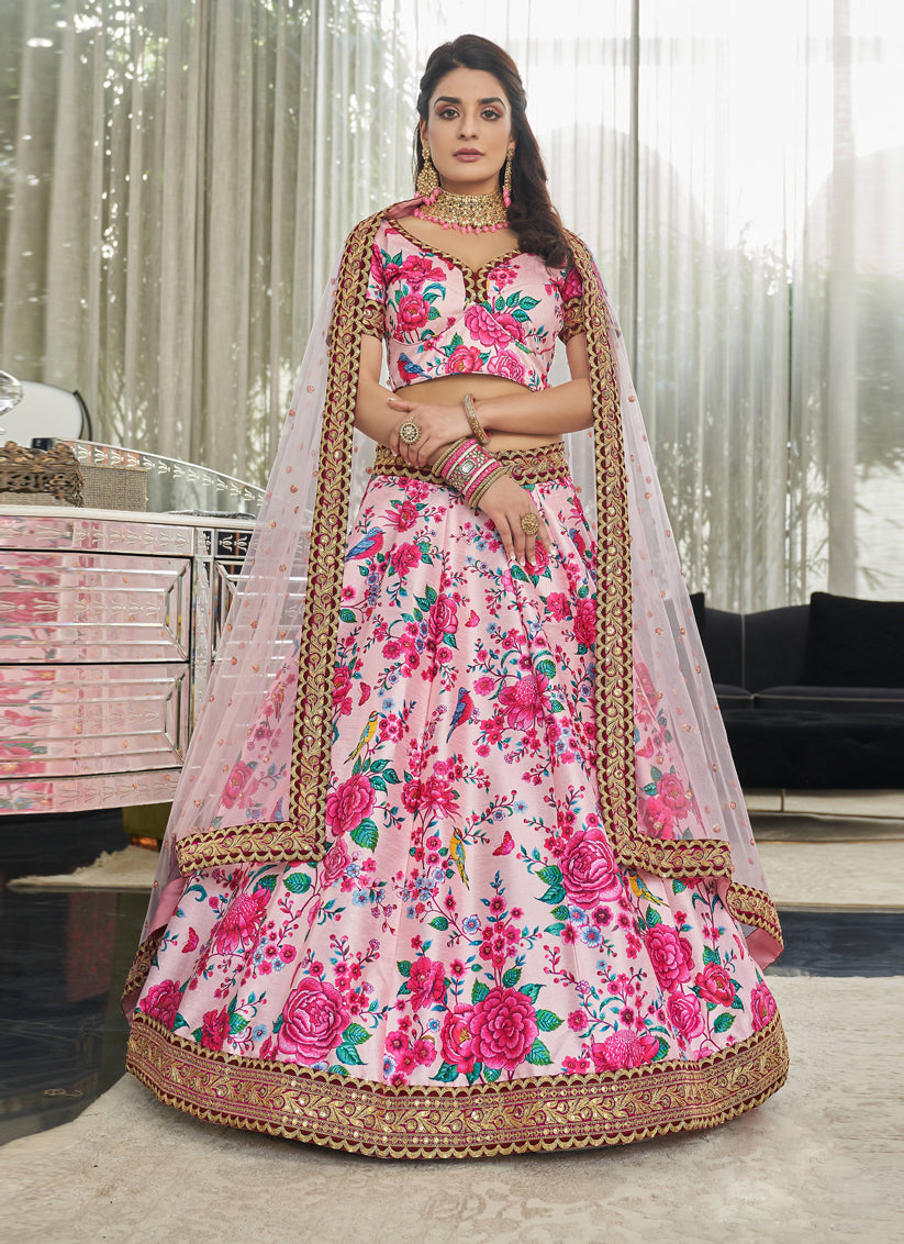 Baby Pink Art Silk Floral Print Lehenga Choli