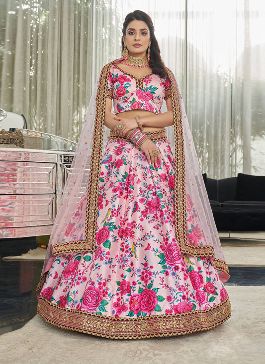 Baby Pink Art Silk Floral Print Lehenga Choli