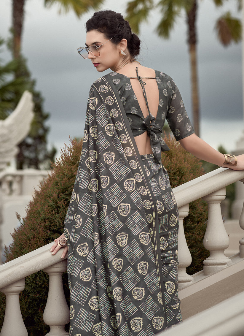 Dusty Grey Pure Mal Mal Silk Digital Print Saree