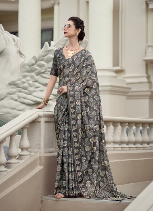 Dusty Grey Pure Mal Mal Silk Digital Print Saree