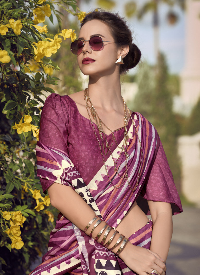 Magenta Pure Mal Mal Silk Digital Print Saree