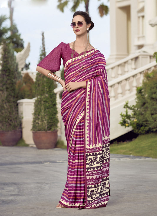 Magenta Pure Mal Mal Silk Digital Print Saree