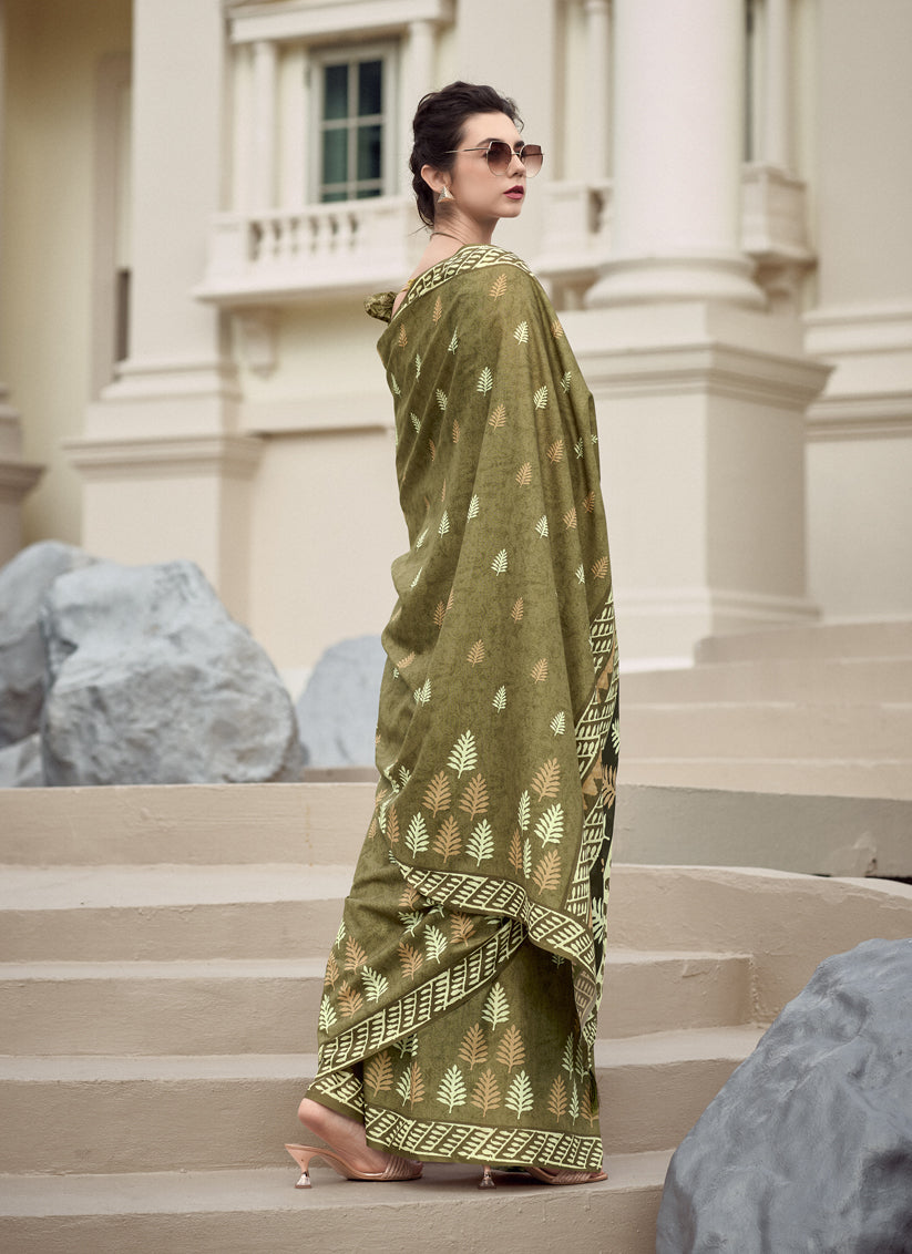 Mehendi Green Pure Mal Mal Silk Digital Print Saree