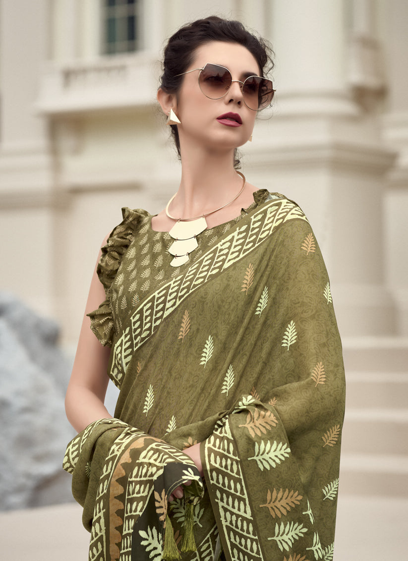 Mehendi Green Pure Mal Mal Silk Digital Print Saree