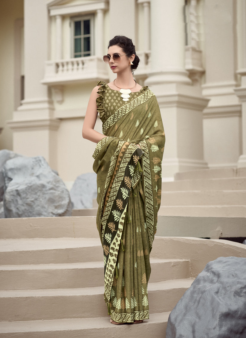 Mehendi Green Pure Mal Mal Silk Digital Print Saree