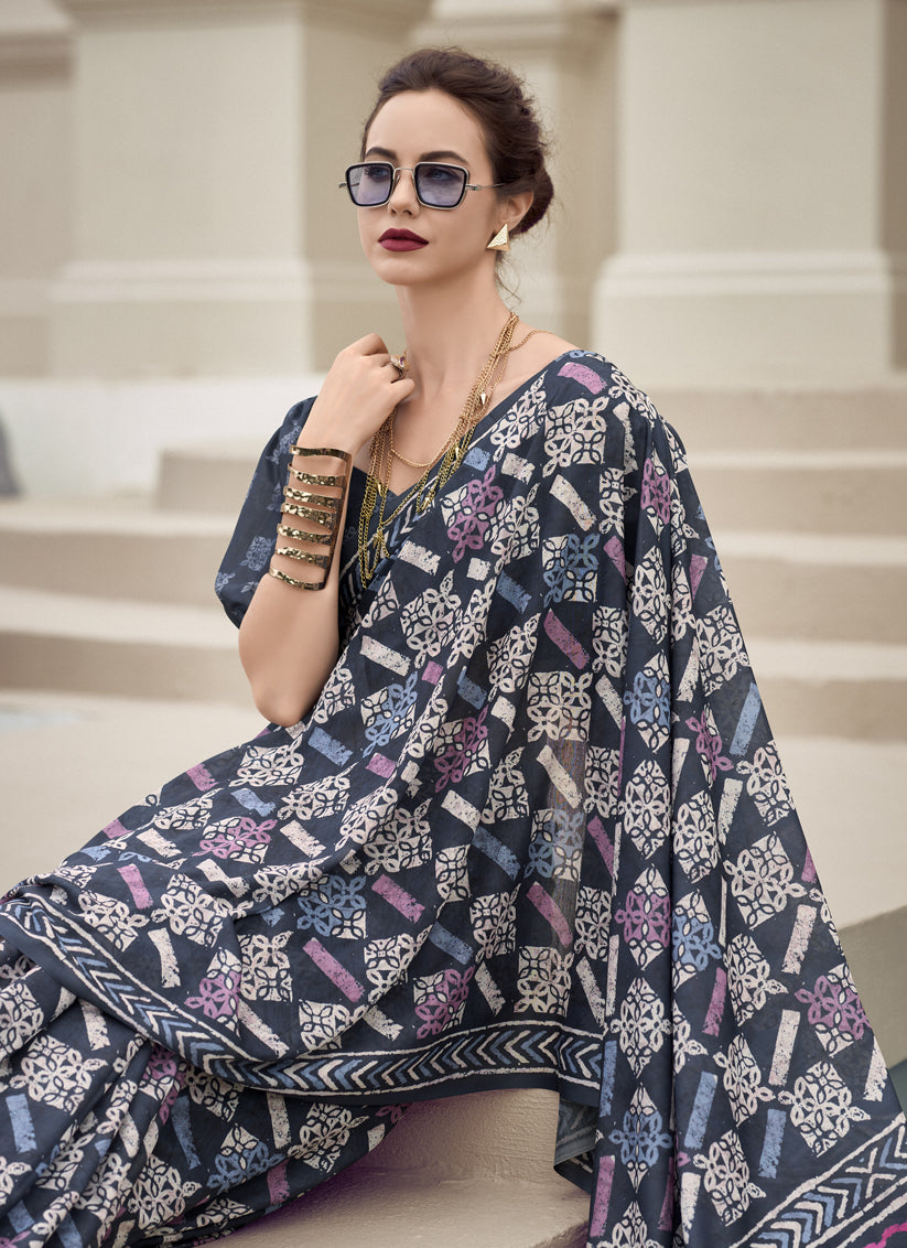 Charcoal Grey Pure Mal Mal Silk Digital Print Saree