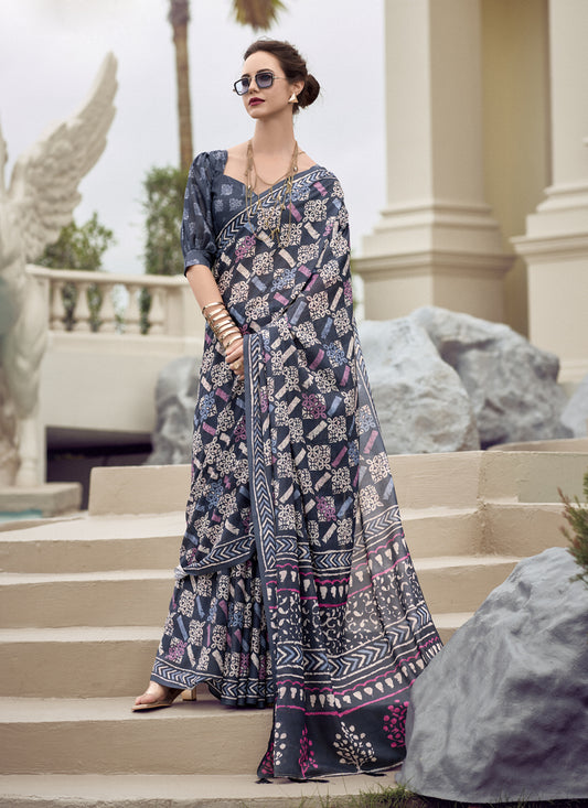 Charcoal Grey Pure Mal Mal Silk Digital Print Saree