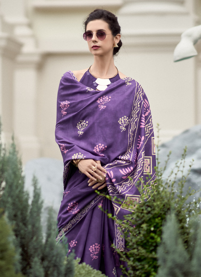 Purple Pure Mal Mal Silk Digital Print Saree