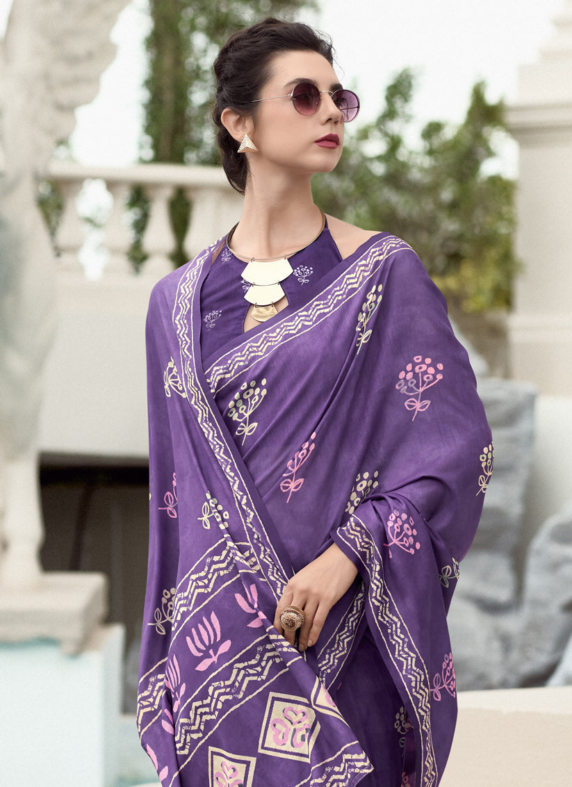 Purple Pure Mal Mal Silk Digital Print Saree