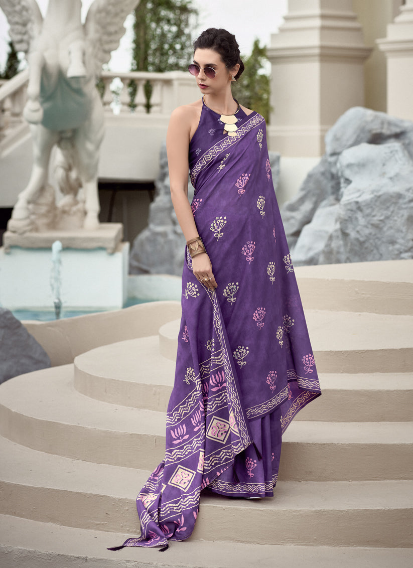 Purple Pure Mal Mal Silk Digital Print Saree